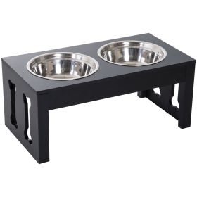 PawHut 23" Modern Decorative Dog Bone Wooden Heavy Duty Elevated Dog Bowl Feeding Station - Black