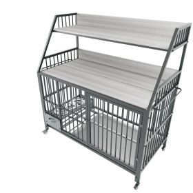 Large pet cage with storage rack, drawers with stainless steel food and water basins, double-layer storage rack made of iron frame and MDF materi